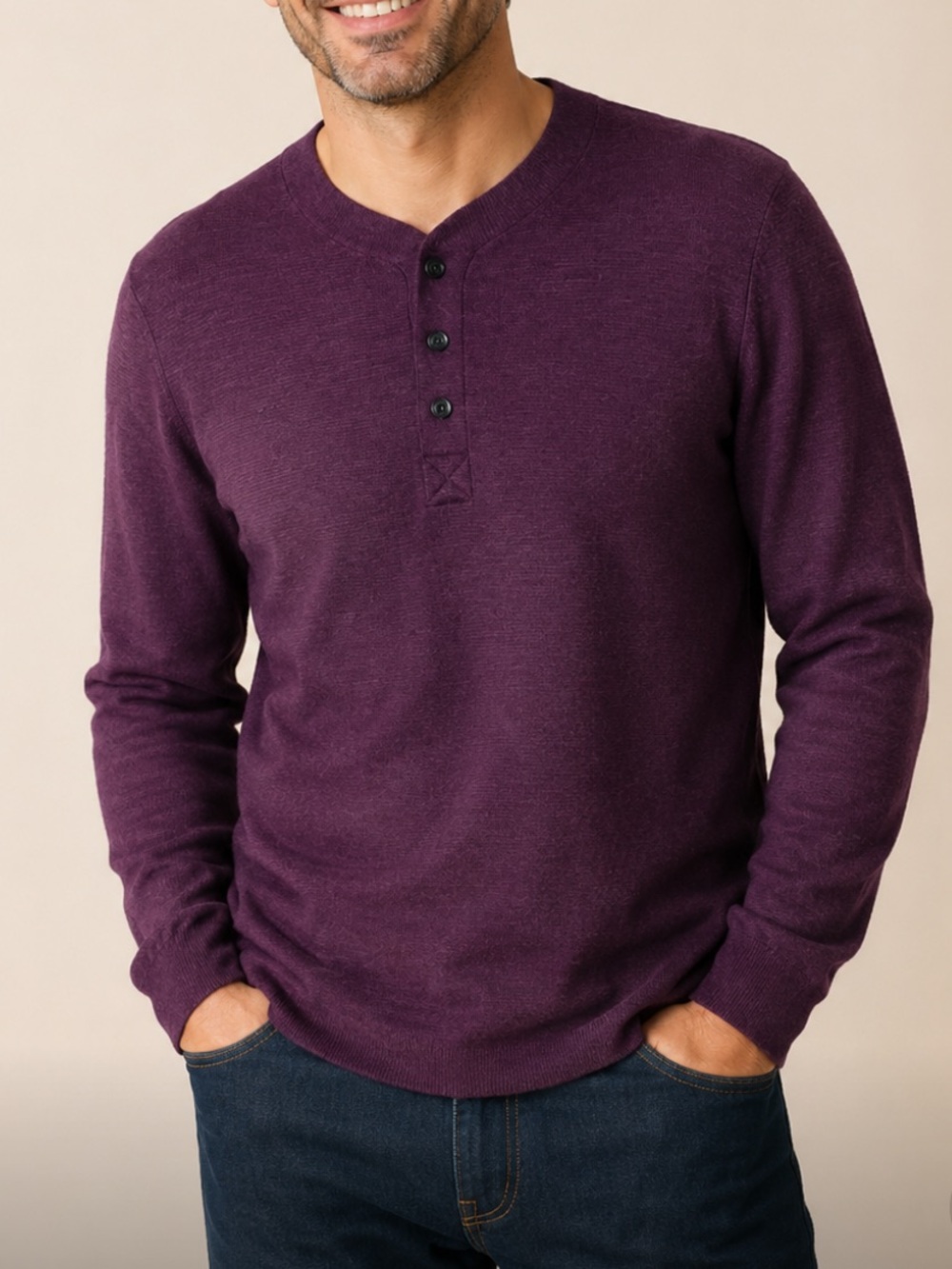Bonobos Plum 100% Merino Wool Crewneck Henley Sweater
